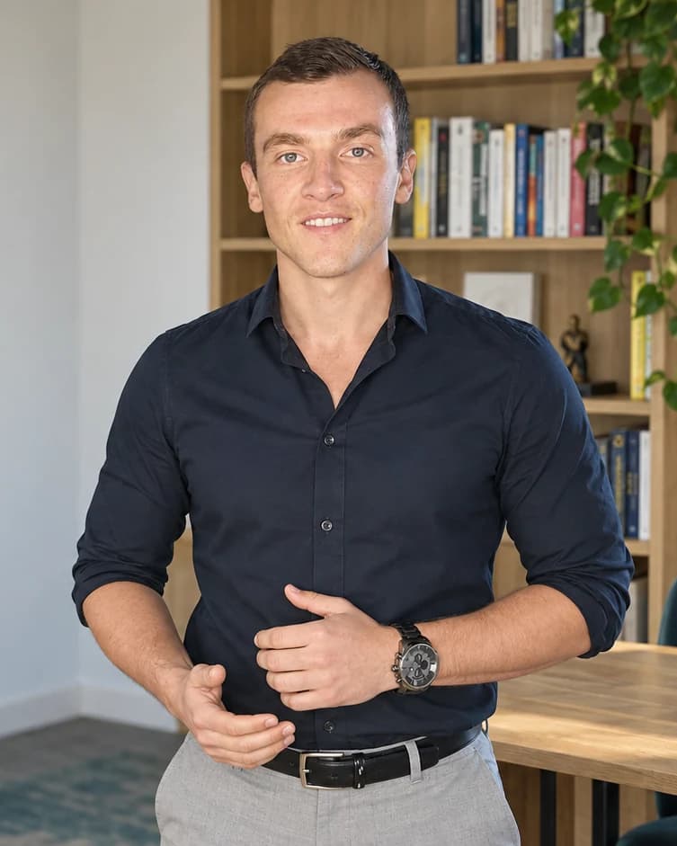 Przemek Drożniak in a navy shirt in his office