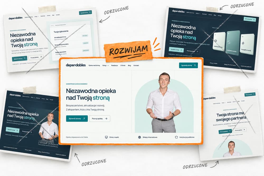 The chosen Dependables website design in the centre, with rejected concepts on either side